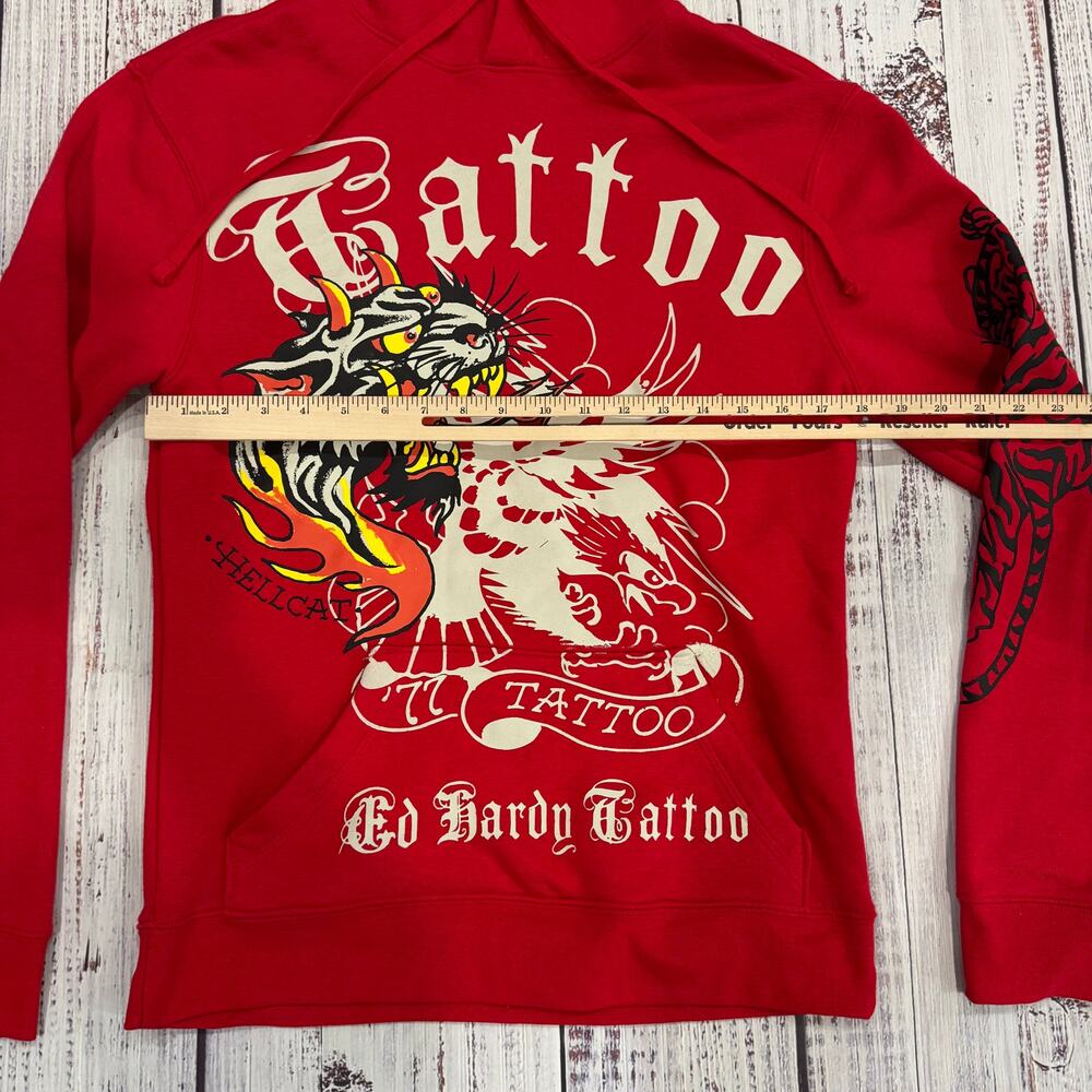 Ed Hardy 77 Tattoo Hellcat Tiger Skull Hoodie Red NWT S - Picture 9 of 11